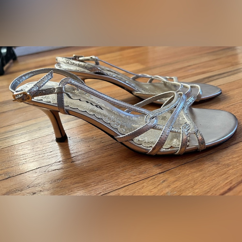 Metallic silver Y2K strap heels